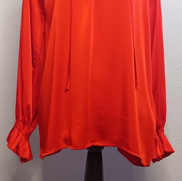 Jodifl Red Satin Ruffle Tie Neck Long-Sleeve Christmas Holiday Evening Blouse - Picture 4 of 11